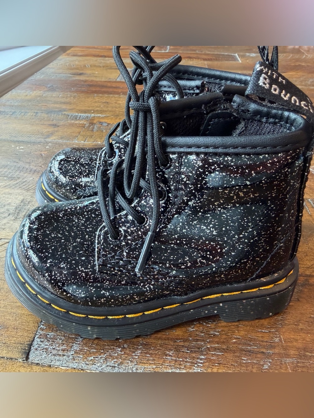 Dr. Martens Kids Black Glitter Lace-Up Boots with Yellow Welt